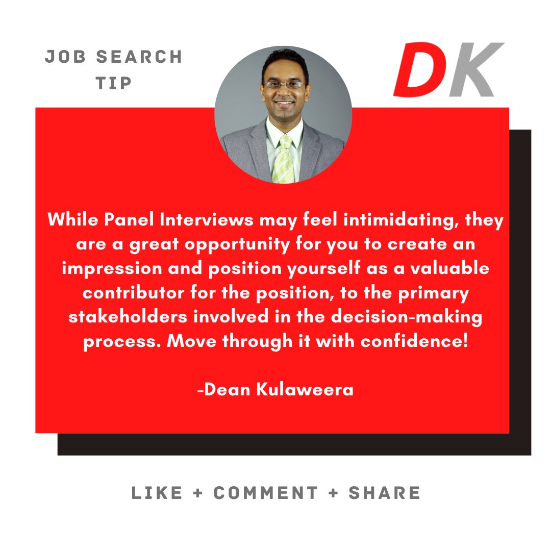 deankulaweera's tweet image. #PanelInterviews can be intimidating, no doubt. Its YOU speaking to a group of strangers you've never met. But its a great opportunity to get buy-in from multiple stakeholders, possibly in one "go". So go in with the intention to win!

#DeanKulaweera #InterviewTip #JobSearch