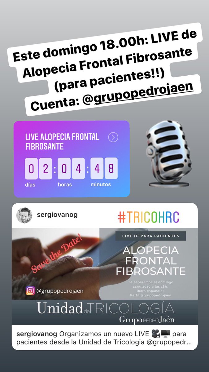 Este domingo a las 18.00h: LIVE 🎥📱de Instagram acerca de la Alopecia Frontal Fibrosante, dirigido a pacientes. 👩🏻

➡️ Lo haremos desde el perfil de @GrupoPedroJaen: instagram.com/grupopedrojaen…

#TricoHRC #dermatologia