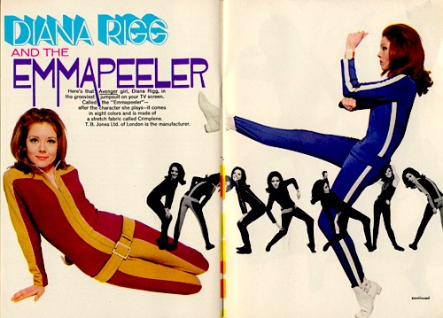 This influence is both aesthetic and textual. Peel’s most-remembered costumes—her series of so-called “Emma Peeler” jumpsuits—dramatically contrast her partner John Steed’s old-fashioned (if dandy-ish) ensembles, and embody her complex challenge to traditional femininity. 4/10