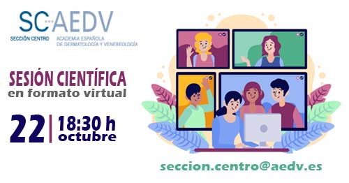 Informaros que la Sesión Científica programada para el 22 de octubre en el H.U. La Princesa, se realizará en formato virtual.
Si perteneces a la <a href="/sc_aedv/">Sección Centro de la AEDV</a> y quieres participar como ponente envía tu comunicación oral al correo:
📤seccion.centro@aedv.es, antes del día 10 de octubre.