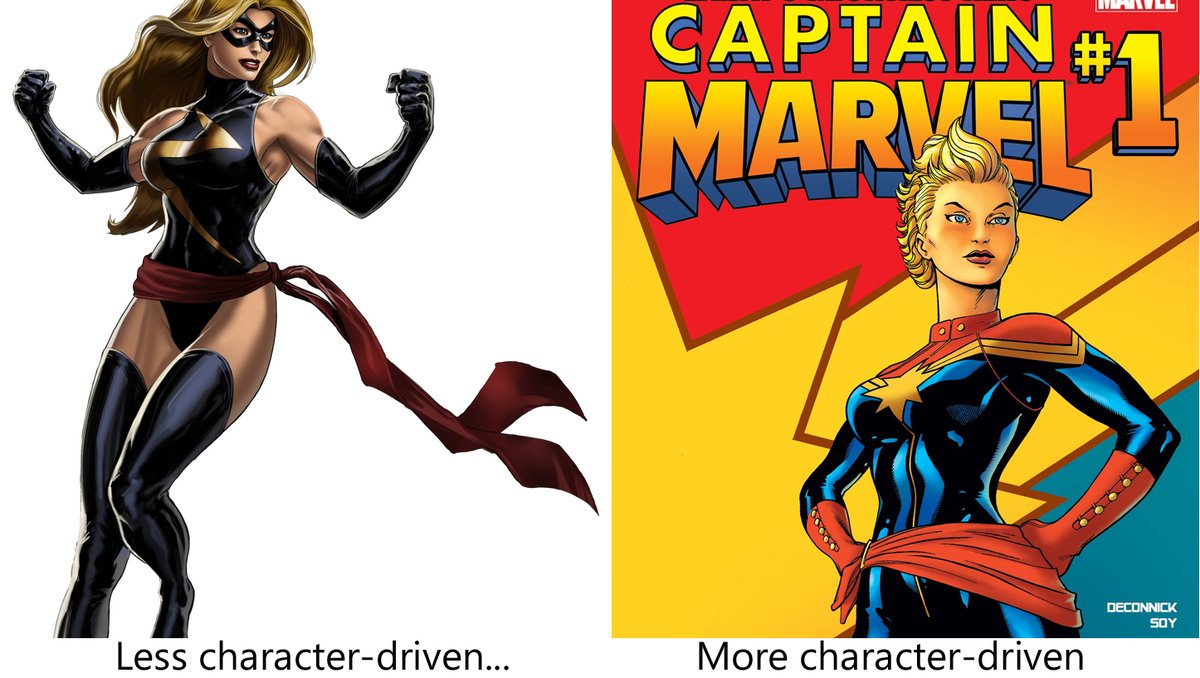 In design and execution, female superhero costumes frequently struggle to effectively communicate inner character. Costumes often diminish female agency by neglecting the mission, powers, and identity of the female character in favor of (very stereotypical) male desires. 9/10