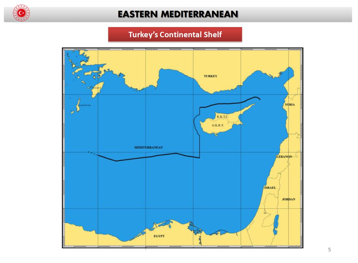 Here is a map from May 2019, before the Turkey-Libya delimitation, showing Turkey’s claimed Continental Shelf. It uses the Turkey-Egypt midpoint and assumes that Kastellorizo has no or reduced effect. It reaches the 28º meridian, and then the firm line becomes a dotted line.