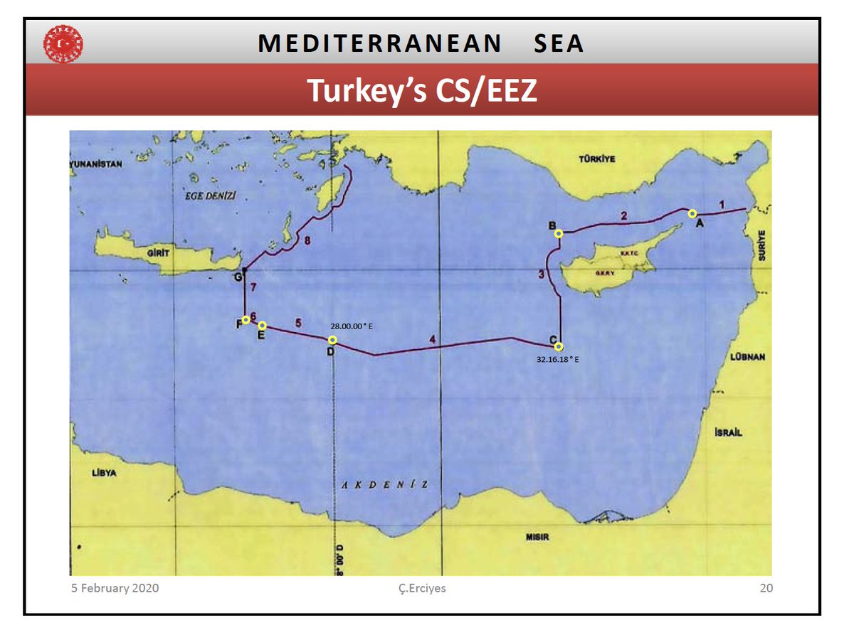 Enter the Turkey-Libya delimitation. We now have a new map—this is February 2020. What used to be a dotted line beyond the 28º meridian is now a firm and longer line. The points F-E are the delimitation (D is the 28º meridian).