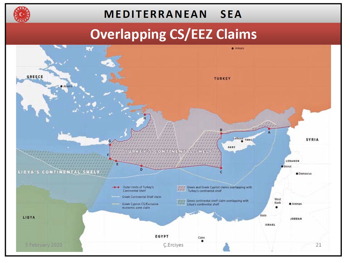 The new “Outer limits of Turkey’s Continental Shelf,” the red line, is nothing like the old line. Notice how close “G” is to Crete and how far it is from mainland Turkey. The space around Rhodes? Gone. This is a new map.