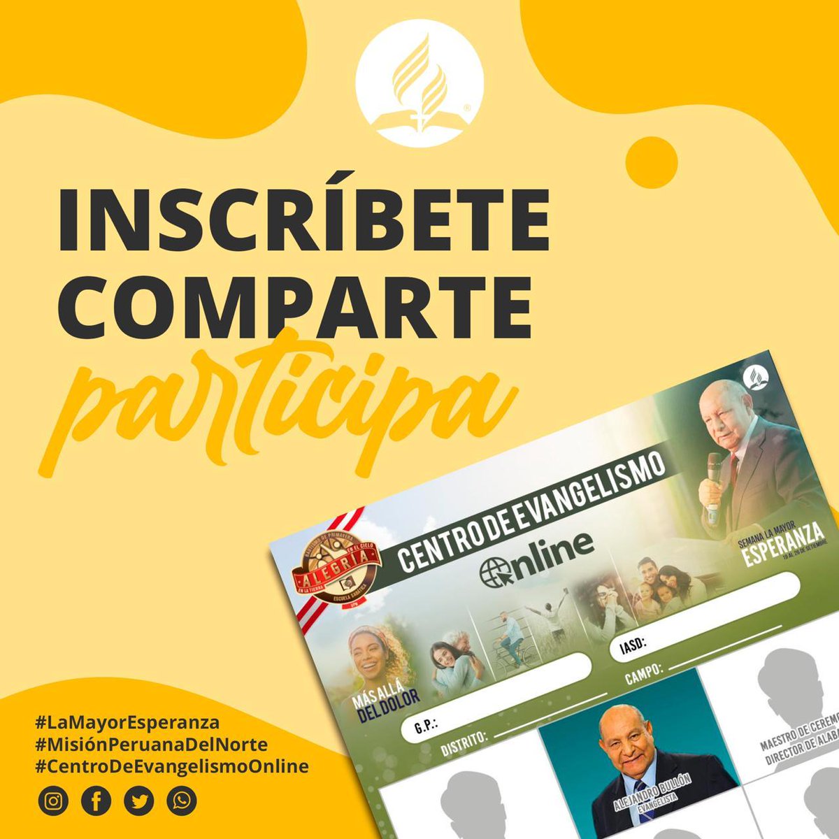 principe10m's tweet photo. 🚨Nos preparamos para el evento más esperado del año ⏳ Qué esperas! inscríbete, comparte y participa de #LaMayorEsperanza 📲 con el conferencista internacional @AlejandroBullón! Y tú ya formas parte de un #CentroDeEvangelismoOnline?💪🏻#MisiónPeruanaDelNorte😁👍🏻 https://t.co/MH8tsUSBO6