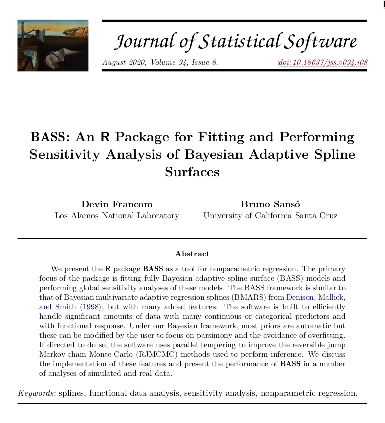 AchimZeileis's tweet image. New in @jstatsoft: #Bayesian adaptive spline surfaces with #rstats pkg "BASS". #functionaldata #MCMC
By Devin Francom, Bruno Sansó
doi.org/10.18637/jss.v…