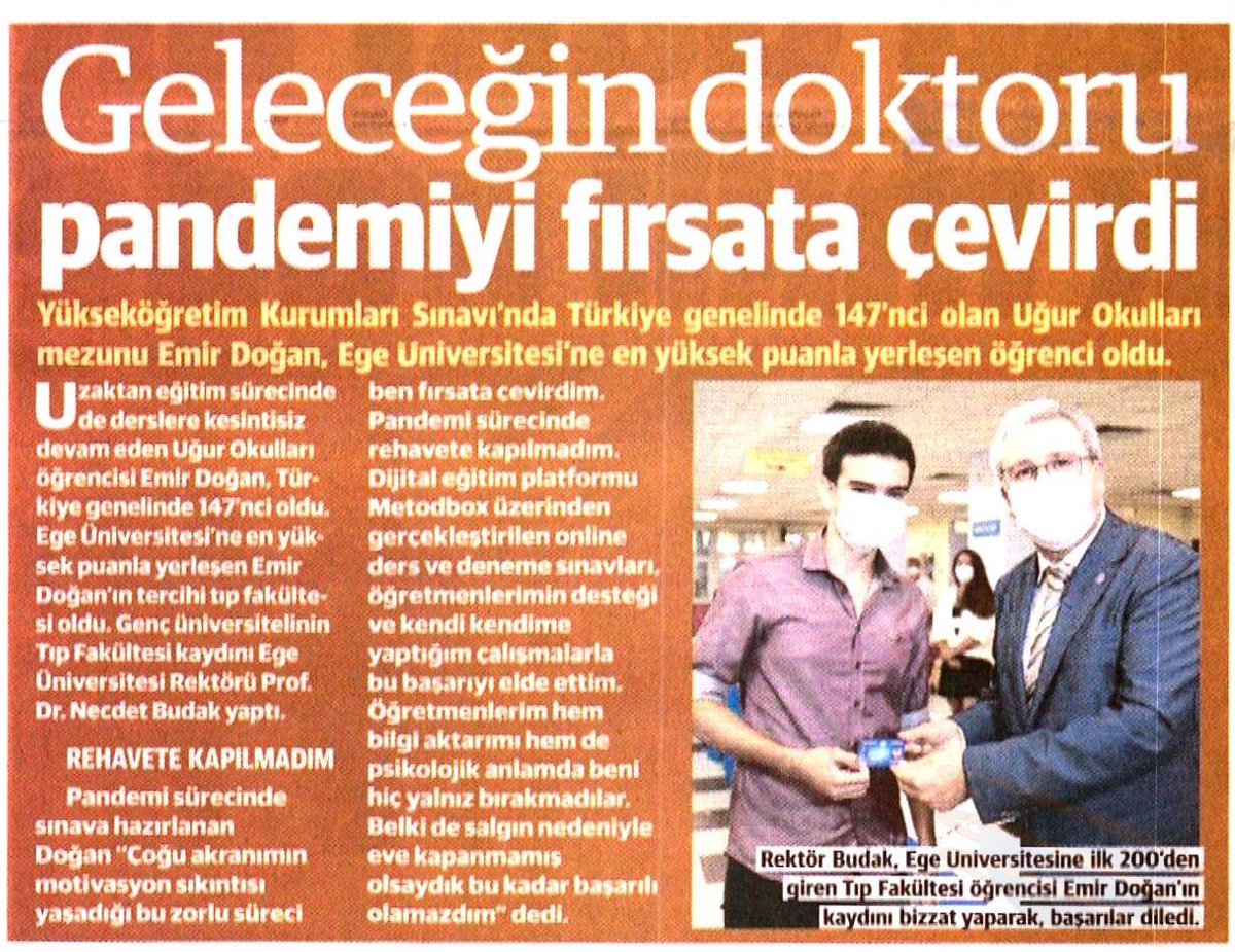 "YKS'de Türkiye genelinde 147. olan Uğur Okulları mezunu Emir Doğan, Ege Üniversitesi'ne en yüksek puanla yerleşen öğrenci oldu."

👉 yenisafak.com/gundem/geleceg…
#UğurKazandırır