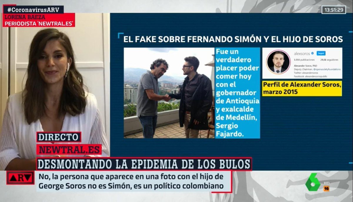 Newtral's tweet image. Nuestra compañera @Lore_Baeza desmiente en @DebatAlRojoVivo la imagen que circula en Internet en la que supuestamente aparece el hijo de George Soros con Fernando Simón. 

❌ Es FAKE, la foto muestra  realmente a un político colombiano. 

newtral.es/bulo-george-so…