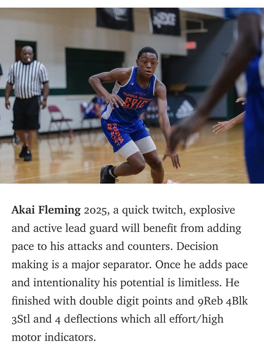 RunnaReport's tweet photo. Akai Fleming has got the pieces need to continue to grow as a player. Was not as efficient in the Skillcase as expected but extremely refreshing to see high level guys play with that type of energy. #runnareport https://t.co/X46yYRYe83