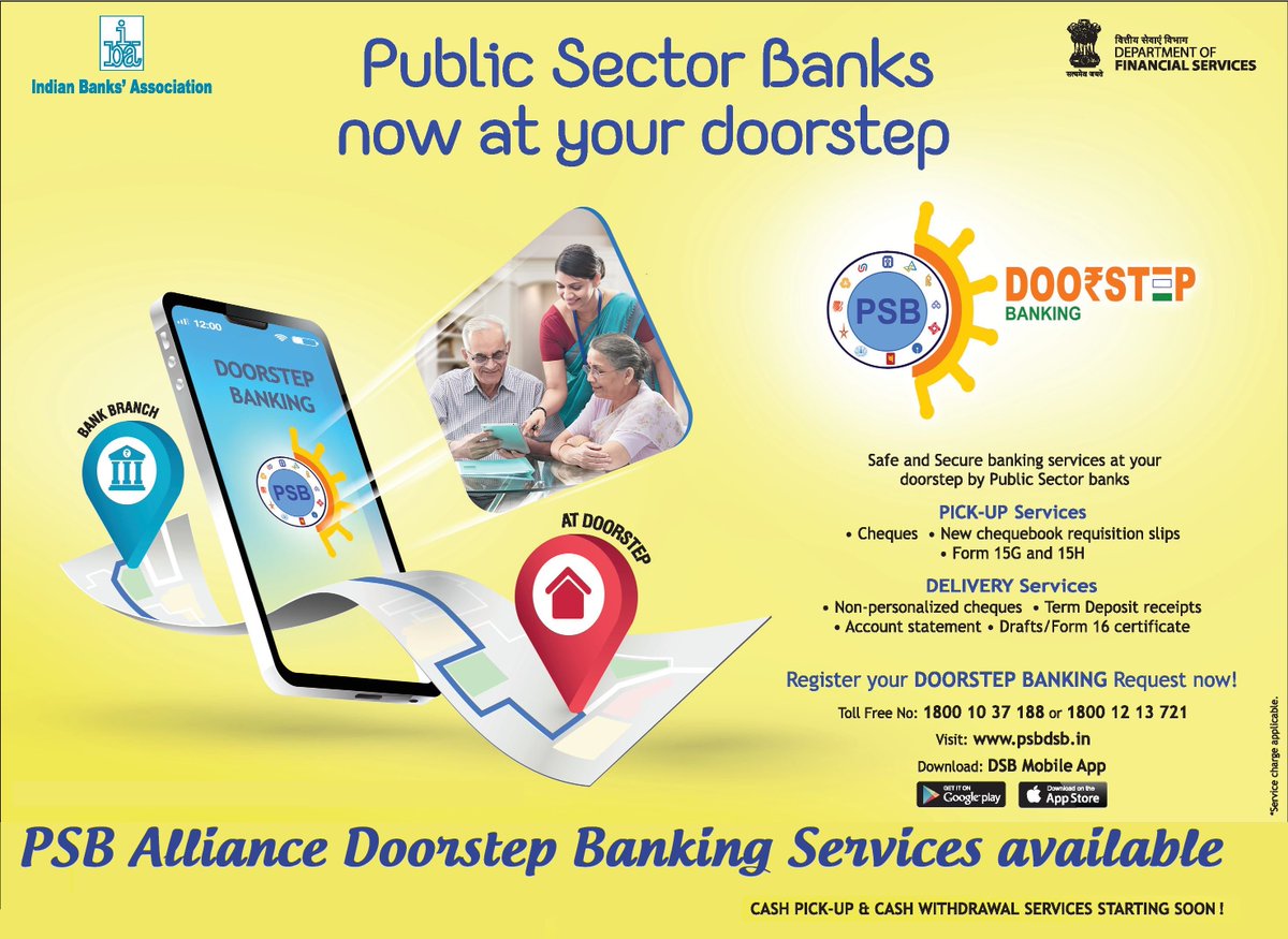BankofIndia_IN's tweet photo. PSB Alliance Doorstep Banking Services available!!
Improved access for hassle-free and convenient Banking. A citizen friendly initiative!
#EASE #DoorstepBanking #PSBReforms
@FinMinIndia
@nsitharaman
@DFS_India
@PMOIndia https://t.co/sMcXKCovjF