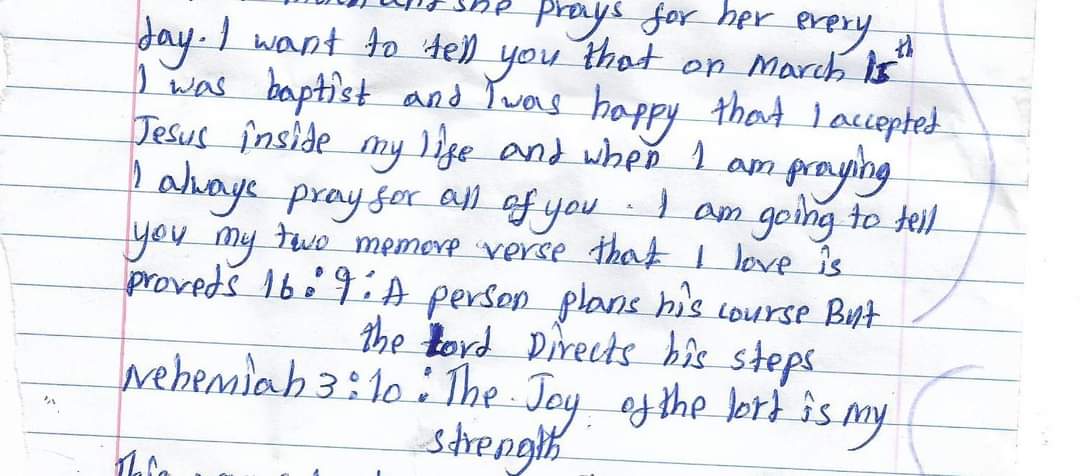KevinGHarvey's tweet photo. A humbling moment of gratitude to start a Friday: Reading a letter just received from our (former street-orphan) sponsored child who tell us she has been baptized, and "when I am praying I always pray for all of you." #MadeInTheStreets https://t.co/LMlPYxJZVQ