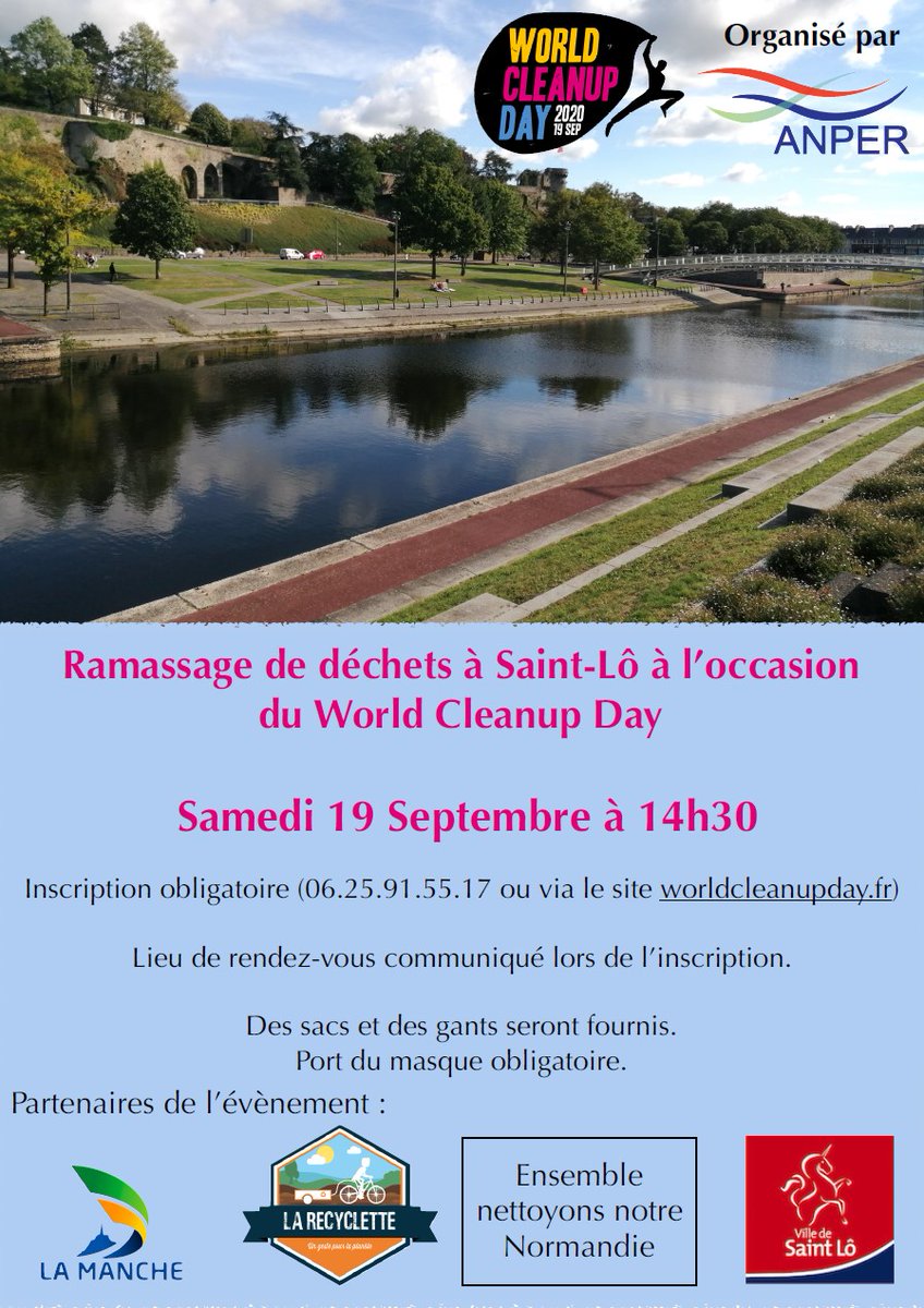 La Recyclette participera à la journée mondiale de #nettoyage de la #planète. Rendez-vous samedi 19 septembre, à 14 h 30, dans la @villedesaintlo. On compte sur vous. Plus on sera nombreux, plus on pourra ramasser de déchets. Les inscriptions sont ouvertes. #WorldCleanupDay2020