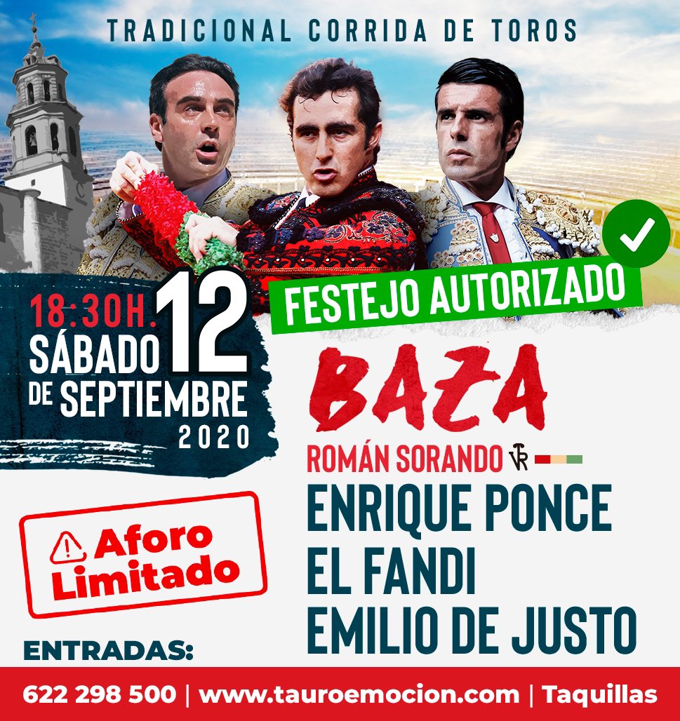 tauroemocion's tweet photo. ✅ 𝗧𝗿𝗮𝗱𝗶𝗰𝗶𝗼𝗻𝗮𝗹 𝗖𝗼𝗿𝗿𝗶𝗱𝗮 𝟭𝟮𝗦 | 𝗔𝘂𝘁𝗼𝗿𝗶𝘇𝗮𝗰𝗶𝗼́𝗻
FESTEJO AUTORIZADO, ¡mañana todos a los toros!
🎟 Entradas en taquilla, en el teléfono 622 298 500 y https://t.co/CNlyFWdN1N
¡No te lo puedes perder! https://t.co/IeL228r0zj