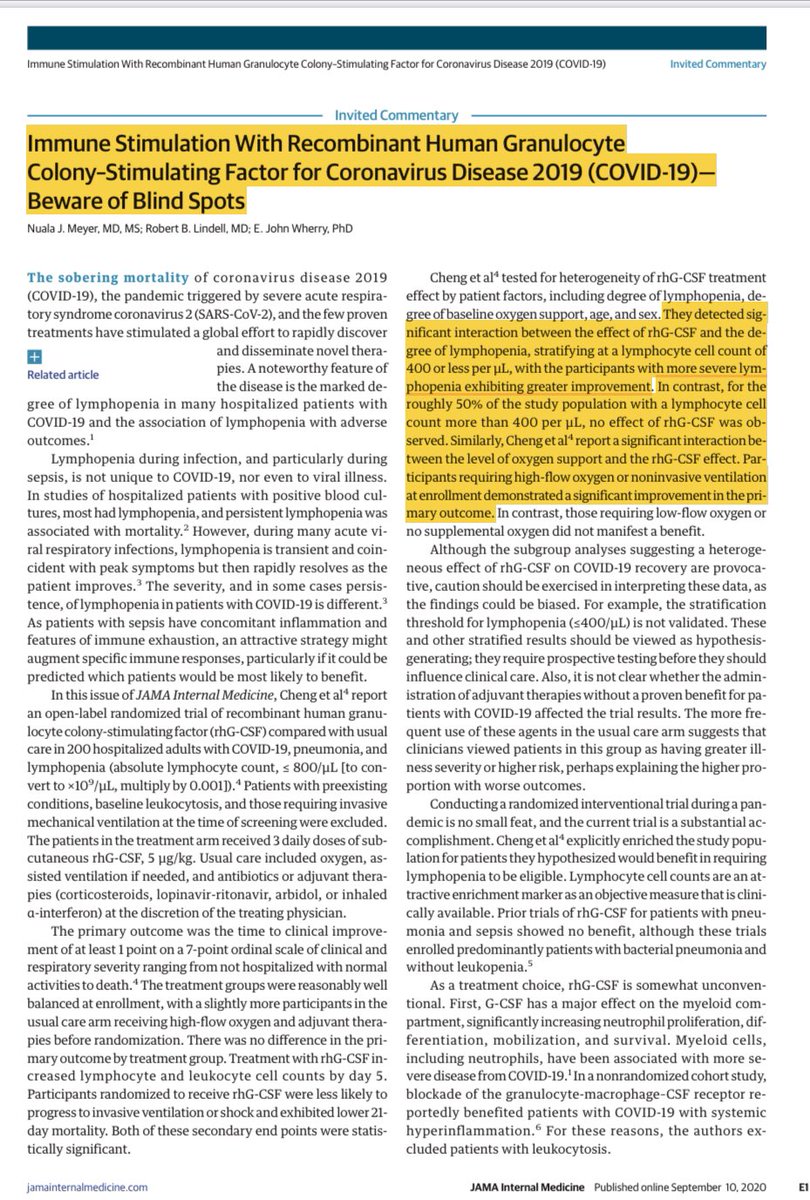 Lymphopenia &amp; GCSF in #COVID19: JAMA
 
RCT of #GCSF (N=200) shows 13% ⬇️ in Dz progression to severe &amp; 8% ⬇️ in 21d deaths! More data needed. COULD BE that GCSF is adjunct to current tx in subpop w low lymphs &amp; on O2.
bit.ly/3mbjelC
 
#medtwitter #pulmcc #TipsForNewDocs