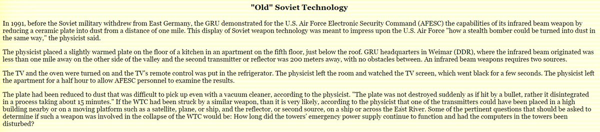 Bollyn reported former E German physicist told him "a directed-energy weapon using "deep infrared" radiation" could have destroyed WTC. First developed in USSR but since 1995 US & Israel have jointly developed a mobile Tactical High-Energy Laser (THEL)5/ https://www.serendipity.li/wot/bollyn1.htm&nbsp;