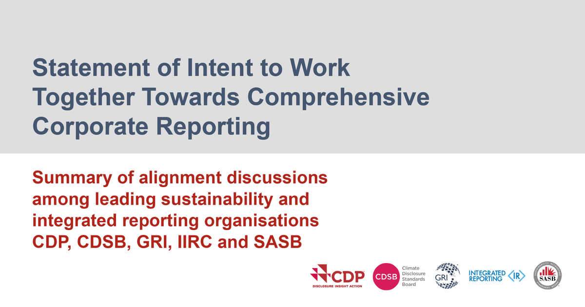 Global challenges require global action! Really excited to finally be able to announce this today. Now working with 
<a href="/CDP/">CDP</a> <a href="/SASB/">SASB</a> @GRI_Secretariat and <a href="/theiirc/">Integrated Reporting</a> on a comprehensive corporate reporting system. See our latest press release at: ow.ly/31hV50BnSFF