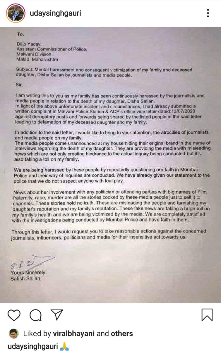 Last but not the least, most recent post. Alleged letter of disha's parents to Meme police. Very weird post. No condolence for disha but this made up letter that praises meme police. Uday singh is hiding more. #ImmortalSushant