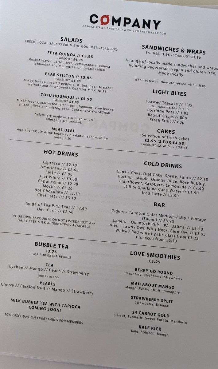 CompanySpaces's tweet photo. New menu... #freshLocalFood #bubbleTea #taunton #coffeeshop #shoplocal https://t.co/cBRMVuQAI7