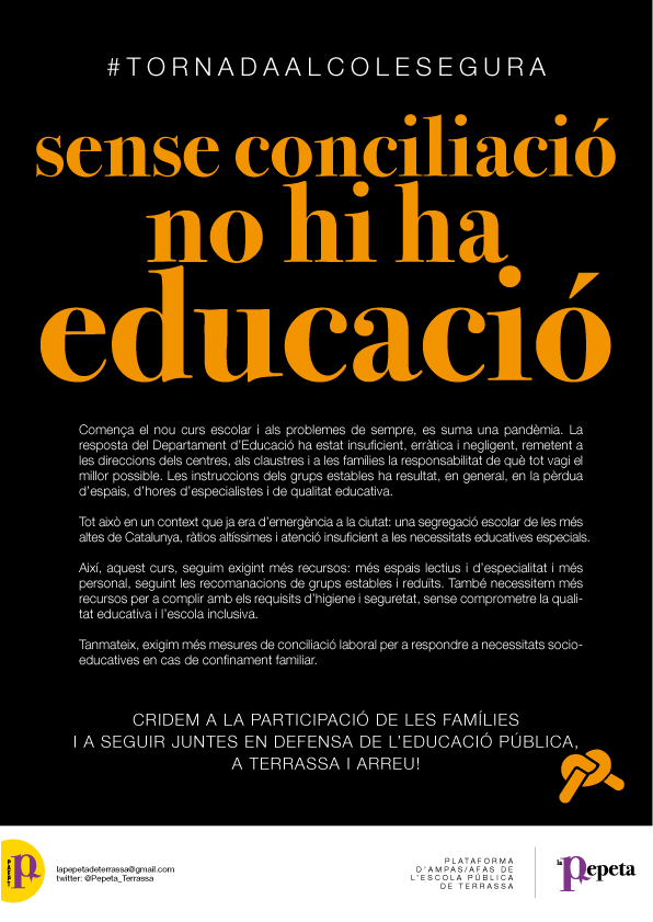 Pepeta_Terrassa's tweet photo. Necessitem més mesures de conciliació familiar davant escenaris de confinament. Més recursos, més responsabilitat, millor educació. Per una escola pública segura, inclusiva i de qualitat. A Terrassa i arreu. https://t.co/jp6E4LX0MS