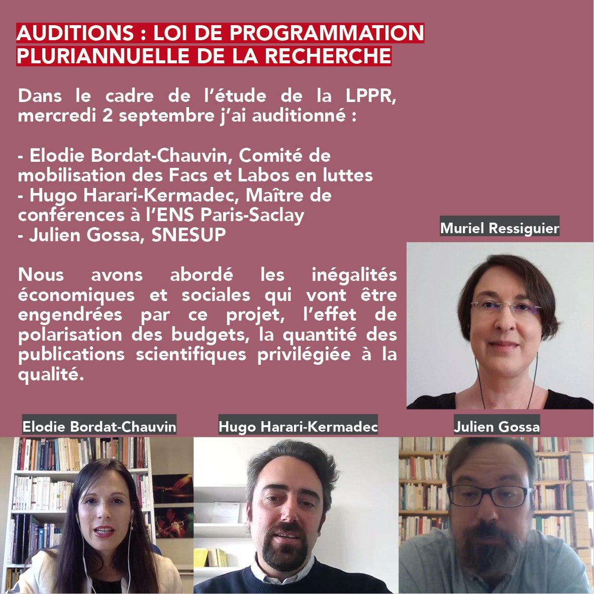 MRessiguier's tweet photo. #Auditons : Dans le cadre de lâĂ©tude de la #LPPR, mercredi 2 septembre, jâai auditionnĂ© : Elodie Bordat-Chauvin, ComitĂ© de mobilisation des #FacsEtLabosEnLuttes, Hugo Harari-Kermadec, MaĂźtre de confĂ©rences Ă lâ#ENS Paris-Saclay, Julien Gossa, #SNESUP.
https://t.co/w36BwwRRfl https://t.co/hXSEuXwmiS