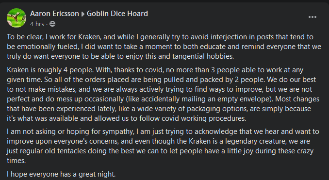 DiceKraken's tweet photo. Aaron over here pretending Kraken didn't use cardboard mailers for their fiasco of a kickstarter. #krakendice https://t.co/NDpOXExXA2