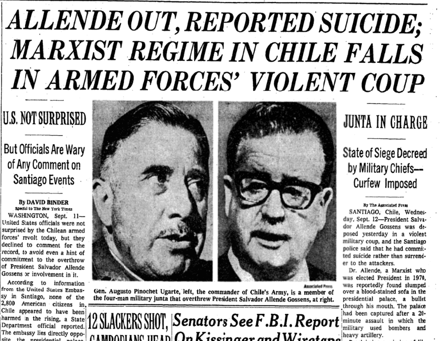 Chile's military staged a coup on this day in 1973. President Salvador Allende's government was overthrown and General Augusto Pinochet appointed himself the new President. nyti.ms/3gwoigi
