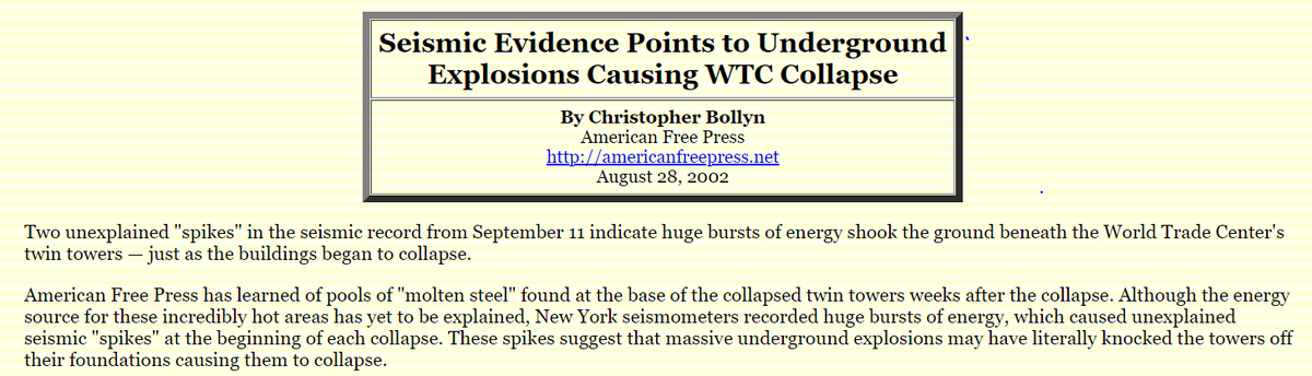 Aug 2002 AFP reporter Christopher Bollyn further explored where the ENERGY came from reporting that two seismic "spikes" on 9/11 "indicate huge bursts of energy shook the ground beneath the WTC's twin towers — just as the buildings began to collapse"6/ https://www.serendipity.li/wot/bollyn2.htm&nbsp;