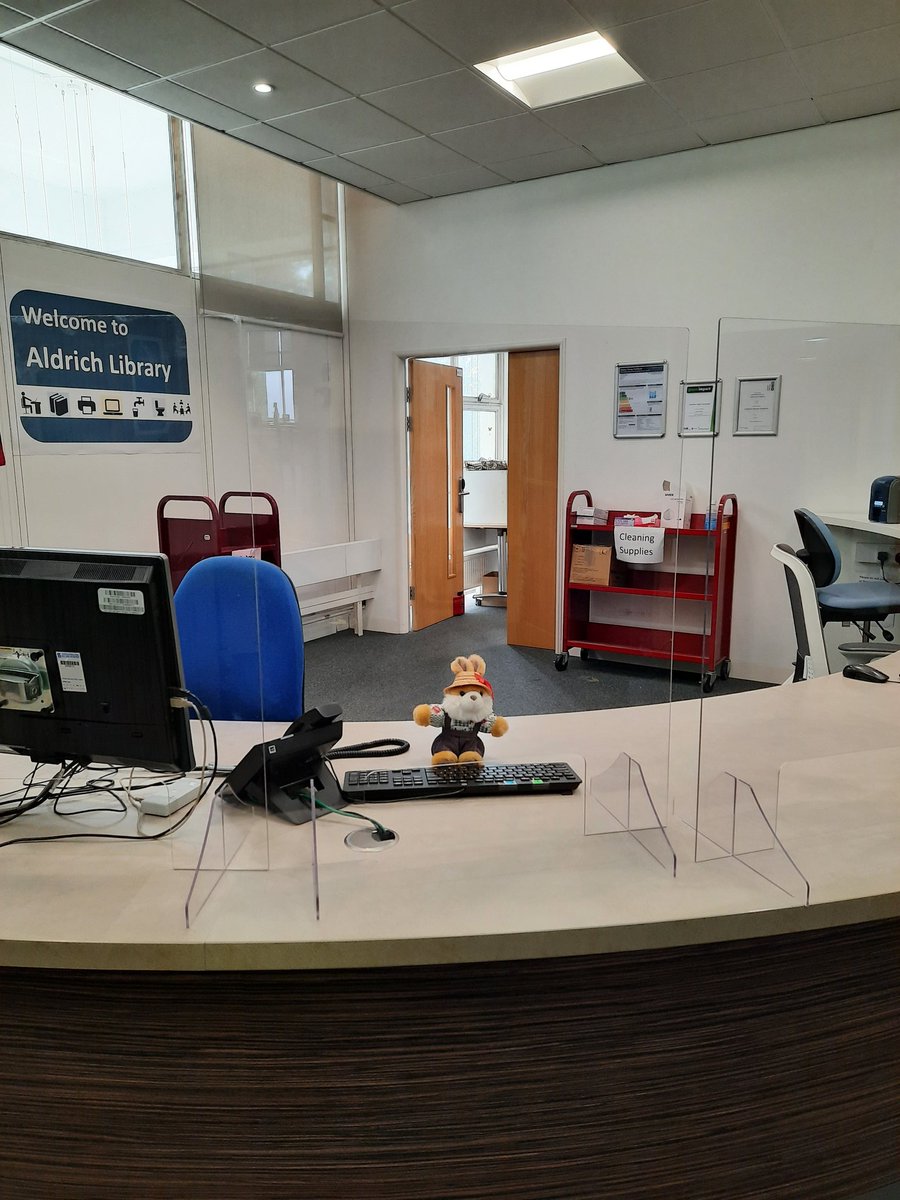 AldrichLib's tweet photo. Book Bunny testing out our new perspex screens - how shiny are they? #readytoreopen #librarylife https://t.co/FOvLntmmI9