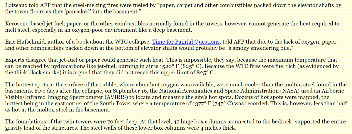 Bollyn also suggests that these underground explosions could be the so-far unexplained "energy source" for the "pools of "molten steel" found at the base of the collapsed twin towers weeks after the collapse"7/
