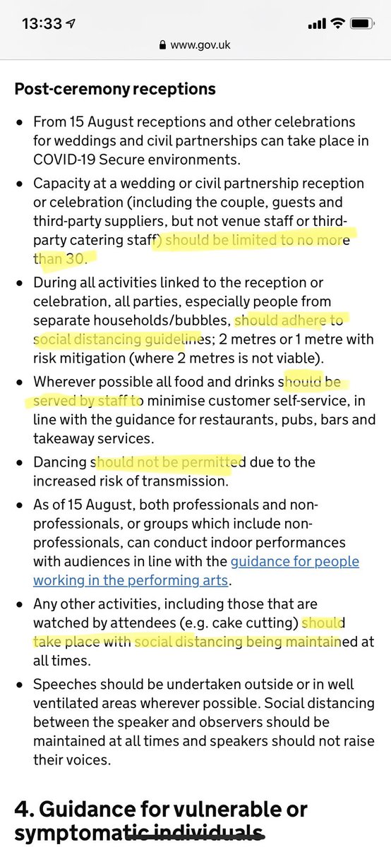 Just reviewing the wording on the COVID-19 Guidance for marriages and civil partnerships and they use the term “Should” rather than “Must”. 

Does this mean they can’t legally enforce a 30 guest limit and no dancing? <a href="/BorisJohnson/">Boris Johnson</a> <a href="/MattHancock/">Matt Hancock</a> 

#whataboutweddings #Covid19UK