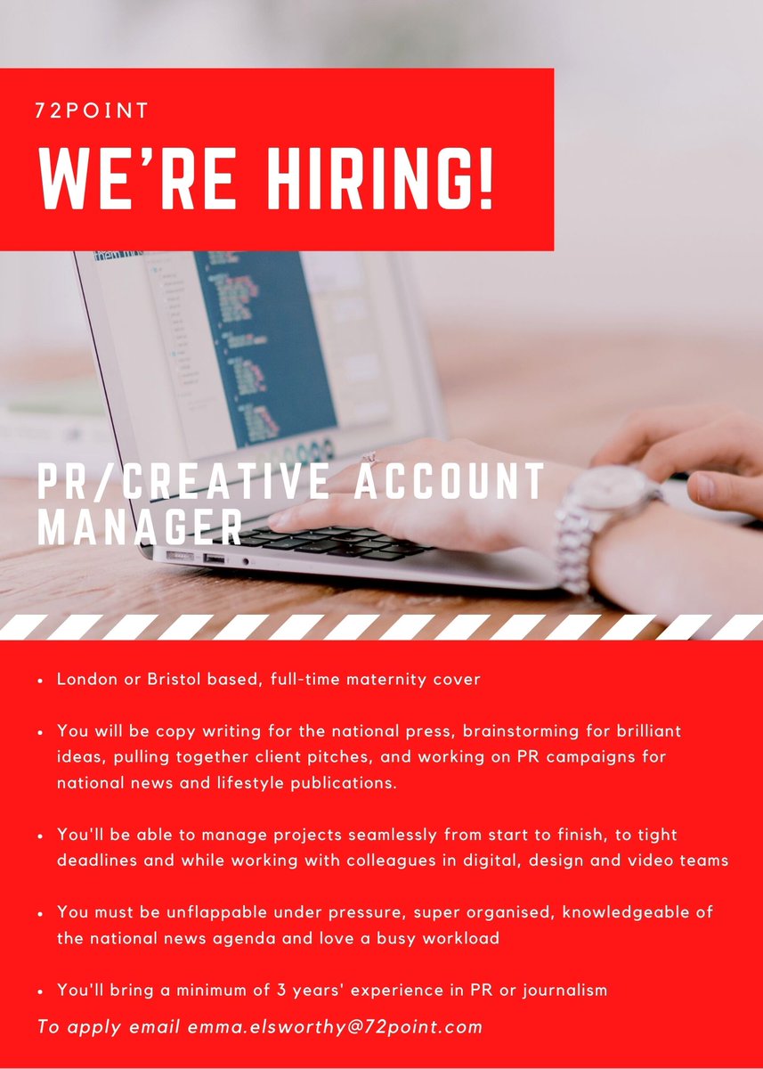 72Point's tweet photo. We're Hiring!

Are you unflappable under pressure, super organised and knowledgeable of the national news agenda?

Come and join the team as a PR/Creative Account Manager, starting ASAP.

To apply, please email emma.elsworthy@72point.com

https://t.co/UZ9LywWJSS

#pr #digital https://t.co/qfWd2HyKhW