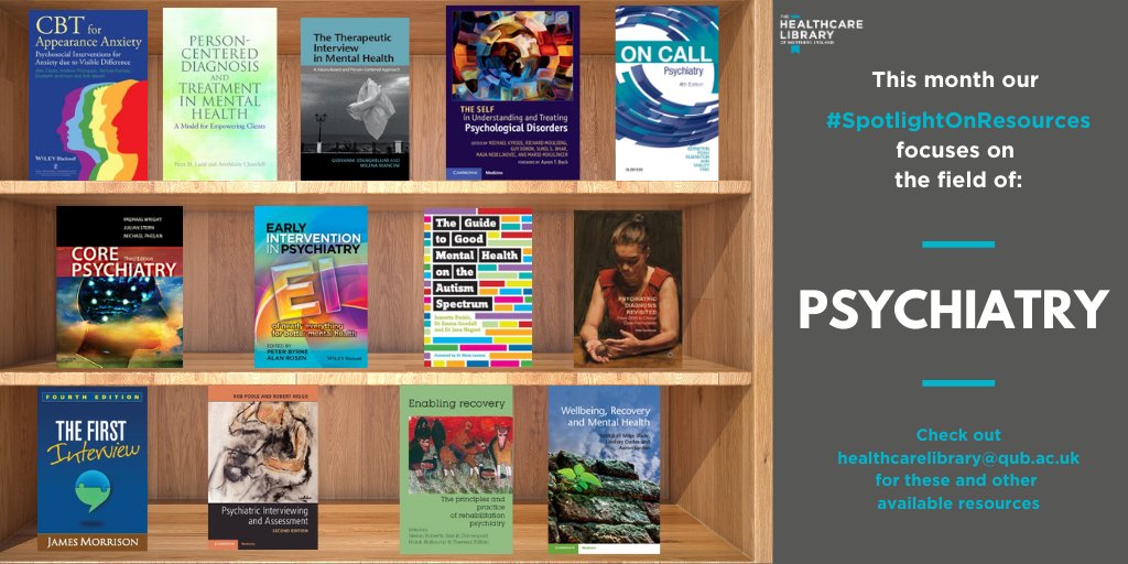 This month our #SpotlightOnresources focuses on the field of psychiatry. These and other resources can be found via healthcarelibrary.qub.ac.uk
<a href="/BelfastTrust/">Belfast Trust</a> <a href="/SouthernHSCT/">Southern Trust</a> <a href="/setrust/">South Eastern Trust</a> <a href="/NHSCTrust/">Northern Trust</a> <a href="/_NIMDTA/">NIMDTA</a> <a href="/BelfastMedEd/">Belfast Trust Medical Education</a> <a href="/WesternHSCTrust/">Western Trust</a> <a href="/STMedEd/">Southern Trust Medical Education</a>
  @RC_SouthernHSCT