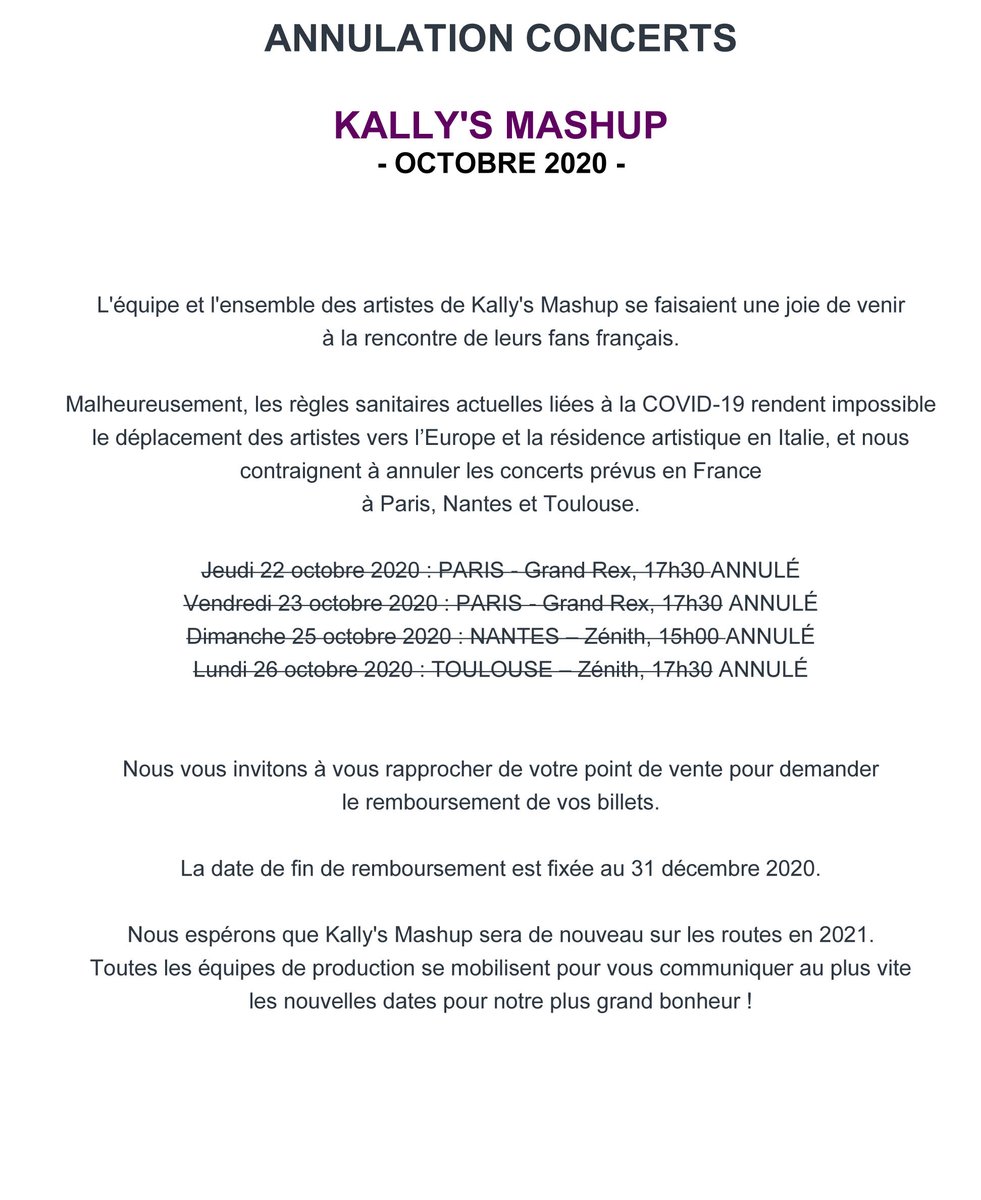 ZenithNantes's tweet image. 🔴 #COMMUNIQUÉ  &amp;gt; #KallysMashup &amp;gt; #ANNULÉ
La Production nous annonce l'#ANNULATION du spectacle, initialement prévu le dimanche 25 octobre 2020 (report d'avril).