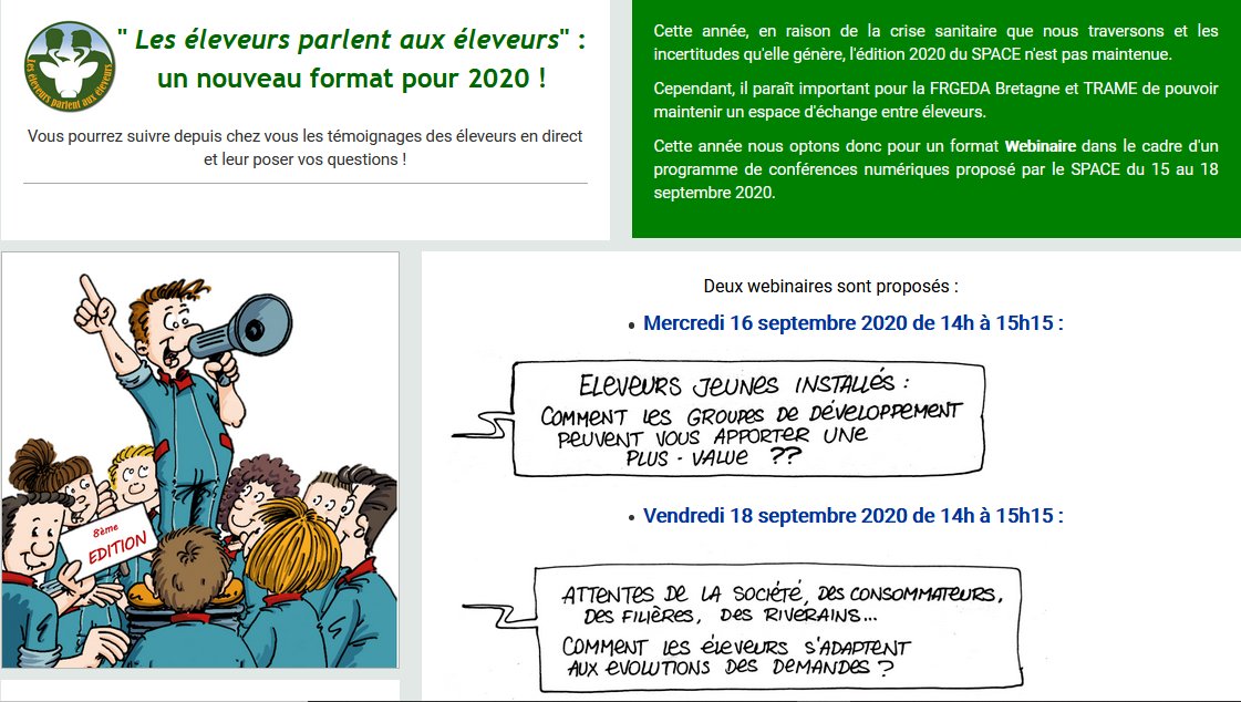 Webinaire "Les éleveurs parlent aux éleveurs" FRGEDA
Vendredi 18/09/2020
Attentes de la société, des consommateurs, filière.Comment les éleveurs s'adaptent aux évolutions de la demande?

3 témoignages (Geda 35, Ceta 35, Rés'agri 56) en cliquant sur ce lien
zoom.us/j/99764901255?…