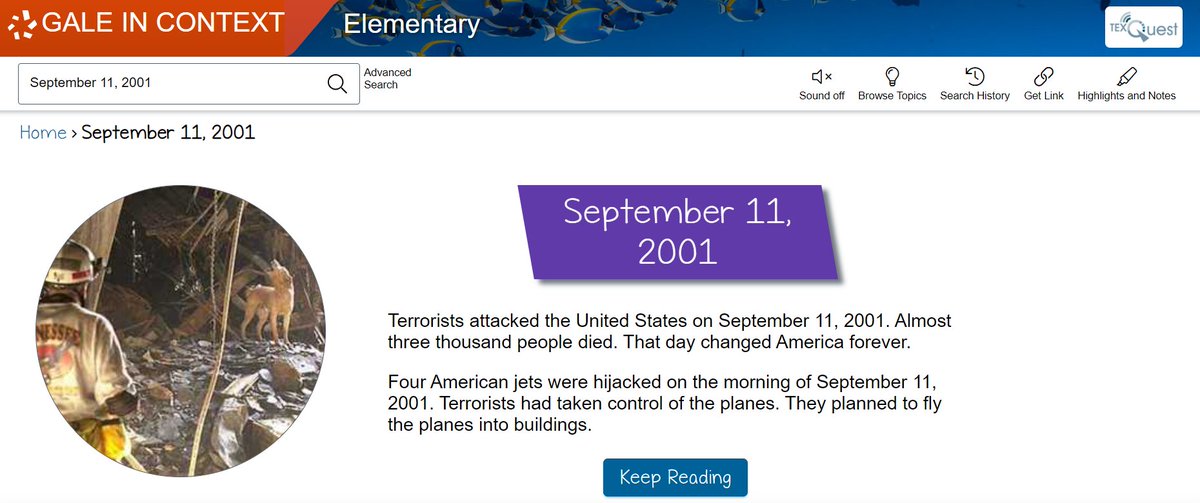 El Dorado Library (@eldolibrary) on Twitter photo Today marks the 19th anniversary of 9/11. We have many digital resources that provide age-appropriate information and primary sources about the events that took place. #NEISDLibs <a href="/NEISDLibrary/">NEISD Library Srvcs.</a> <a href="/NEISD/">North East ISD</a> <a href="/brainpop/">BrainPOP</a> <a href="/Britannica/">Encyclopaedia Britannica</a> <a href="/DiscoveryEd/">Discovery Education</a> <a href="/galecengage/">Gale Cengage</a> @TexQuestk12 Today marks the 19th anniversary of 9/11. We have many digital resources that provide age-appropriate information and primary sources about the events that took place. #NEISDLibs <a href="/NEISDLibrary/">NEISD Library Srvcs.</a> <a href="/NEISD/">North East ISD</a> <a href="/brainpop/">BrainPOP</a> <a href="/Britannica/">Encyclopaedia Britannica</a> <a href="/DiscoveryEd/">Discovery Education</a> <a href="/galecengage/">Gale Cengage</a> @TexQuestk12