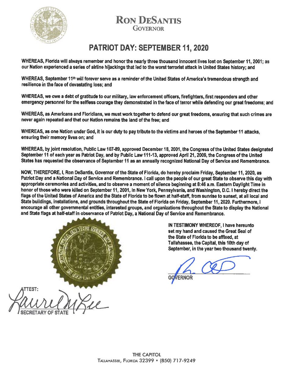 GovRonDeSantis's tweet image. Today Florida and our nation observe Patriot Day to honor the memory of those who perished during the 9/11 terrorist attacks 19 years ago, as well as the brave first responders who lost their lives. May we never forget &amp;amp; God Bless these United States of America.