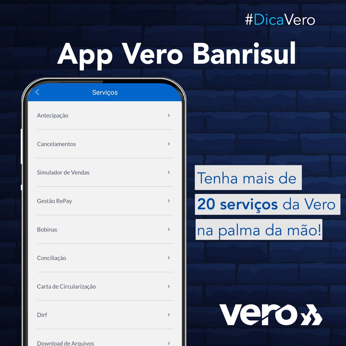 sejavero's tweet photo. Baixe gratuitamente o app Vero Banrisul e tenha mais de 20 serviços na palma da mão! 😃

#sejavero https://t.co/W6NFGvZepY