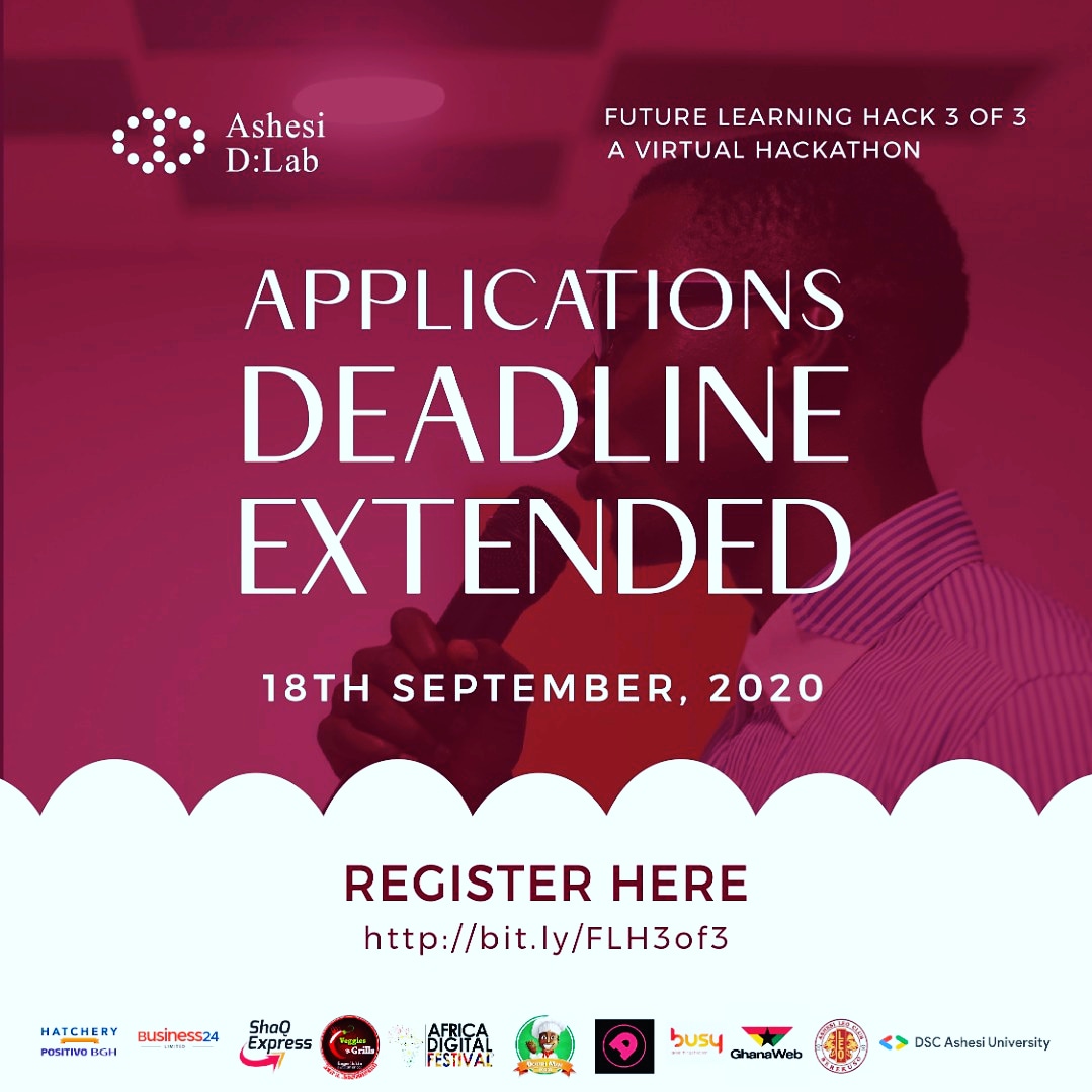 AshesiDesign's tweet photo. As requested, the deadline for the Future Learning Hack. 3 of 3 application has been extended till 18th September 2020. Put together your team & sign up now at https://t.co/81v1epfL0m
#dlabhacks
#FutureLearningHack
#VirtualHackathon
#DesignThinking
#onlinelearning https://t.co/ol4FW0J3Za