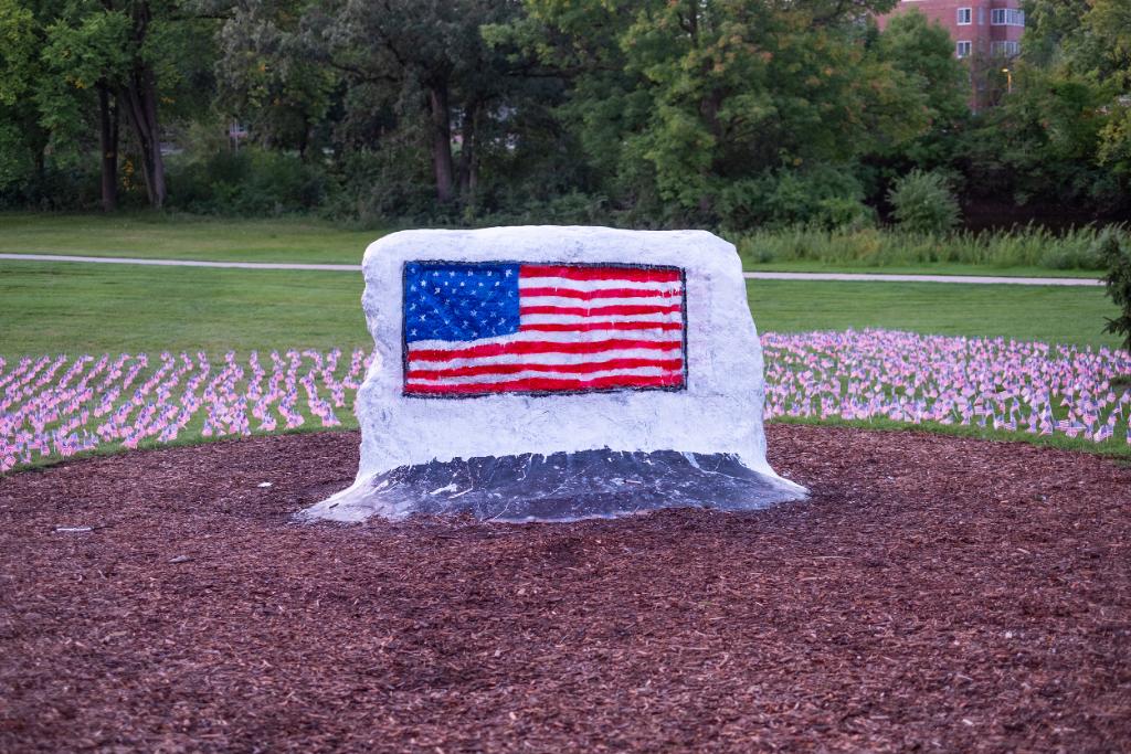 The MSU Rock painted white with an American flag on it, surrounded by small flags in the ground nearby