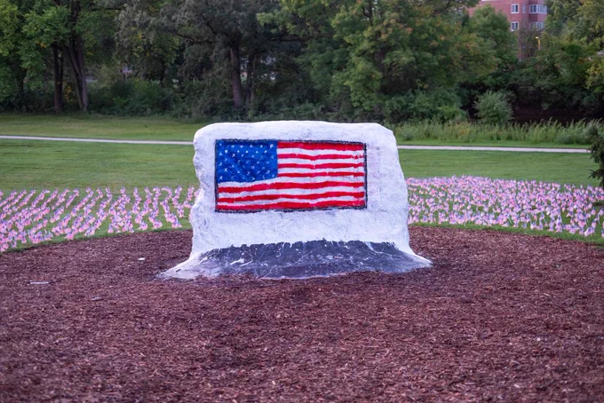 The MSU Rock painted white with an American flag on it, surrounded by small flags in the ground nearby