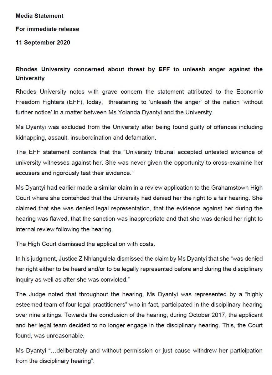 Rhodes_Uni's tweet photo. Rhodes University concerned about threat by EFF to unleash anger against the University:
https://t.co/f8f48l5hh4
#StandWithYolanda
#RUReferenceList
#RhodesWar
#Chapter212 https://t.co/zKmIgL19b3