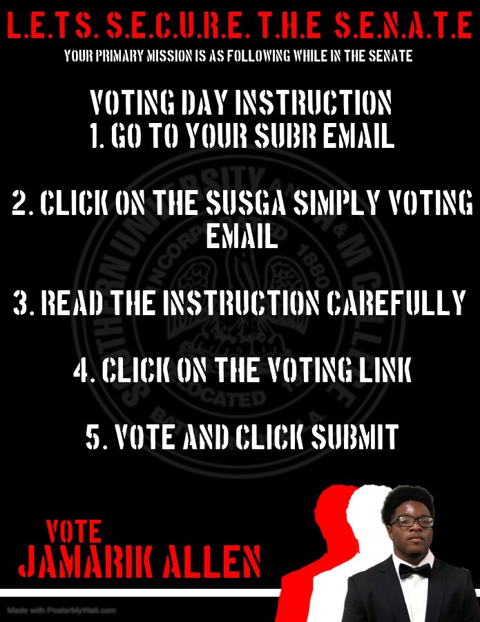 Mula_Marik__'s tweet photo. Today is Voting Day Su23, I need your help to secure the senate by voting for me Jamarik Allen as your next Sophomore Senator. Please Check your SUBR Email to vote. #SUELECTION #SU23 https://t.co/9TCimEwdLY