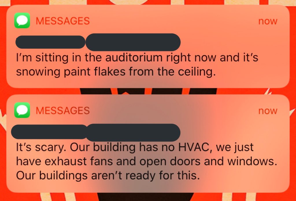 Providence Public Schools should not be reopening on Monday.

It is no secret that after decades of divestment, our school buildings are in poor condition. I just received these messages from a PPS educator.

This is a health hazard for teachers, families, and students.