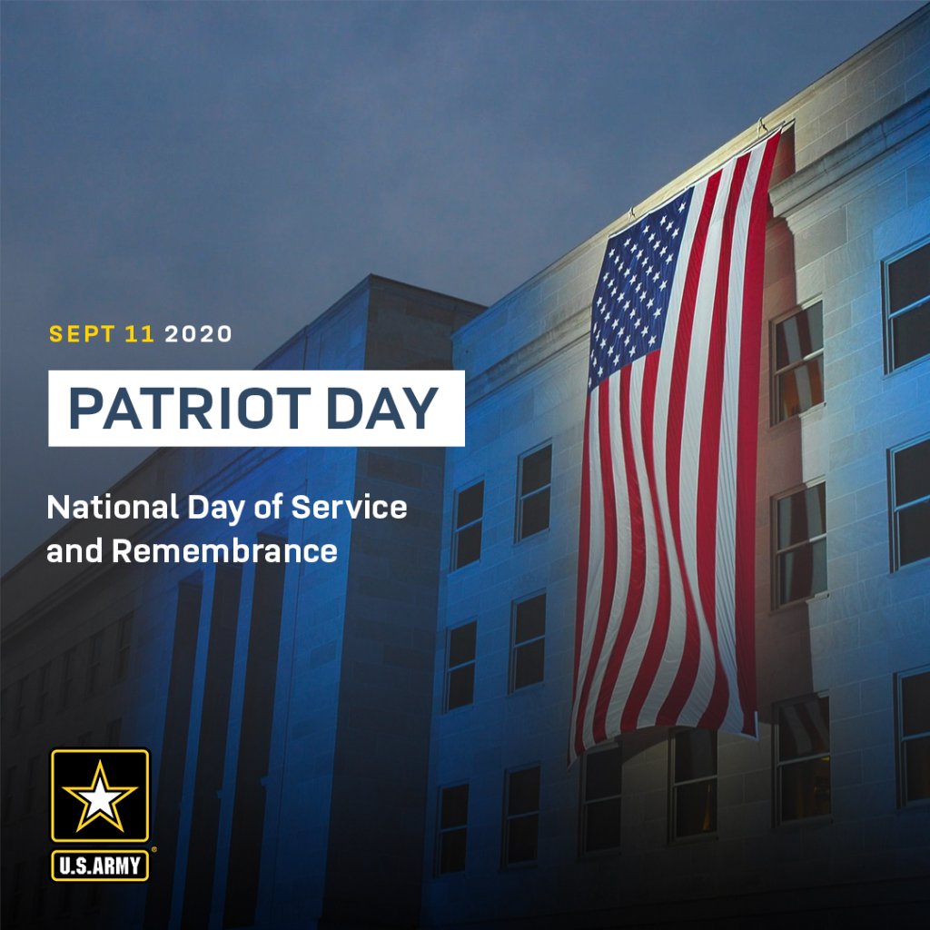 USArmy's tweet image. On Patriot Day, we solemnly remember the nearly 3,000 people who perished on September 11, 2001. 

On this day, remember where you were and how you were affected by this life-altering event.

#PatriotDay | #neverforget | #ArmyFamily