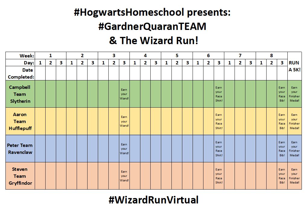 jillianbgardner's tweet photo. When your at home classroom is #Hogwarts themed, & you're trying to figure out how to fit in working out on top of school & the job, & then you find a run called #WizardRunVirtual; you best believe I ordered race kits & made a training spread sheet for the #GardnerQuaranTEAM https://t.co/U2HZFAUrsJ