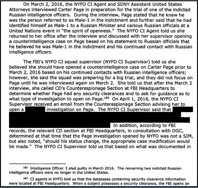 Senator Johnson’s FISA timeline, citing page 62 of the IG report, states categorically that FBI HQ ordered the New York Field Office to open a Foreign Agent Registration Act (FARA) investigation of Carter Page on April 1, 2016, and that the NYFO did so on April 6, 2016.