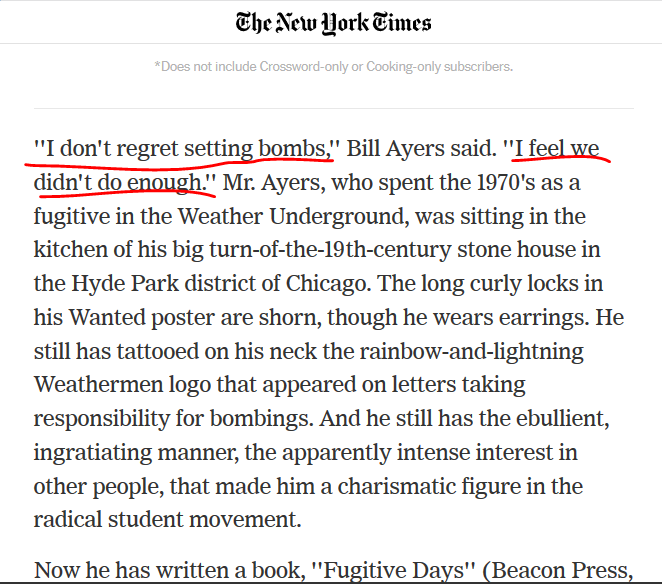 They have been taught with curriculum & textbooks written by the likes of Bill Ayres, unrepentant domestic terrorist. A man who was a friend of Barack Obama & helped launch his political career. Obama you recall wanted to "fundamentally transform" the USA.