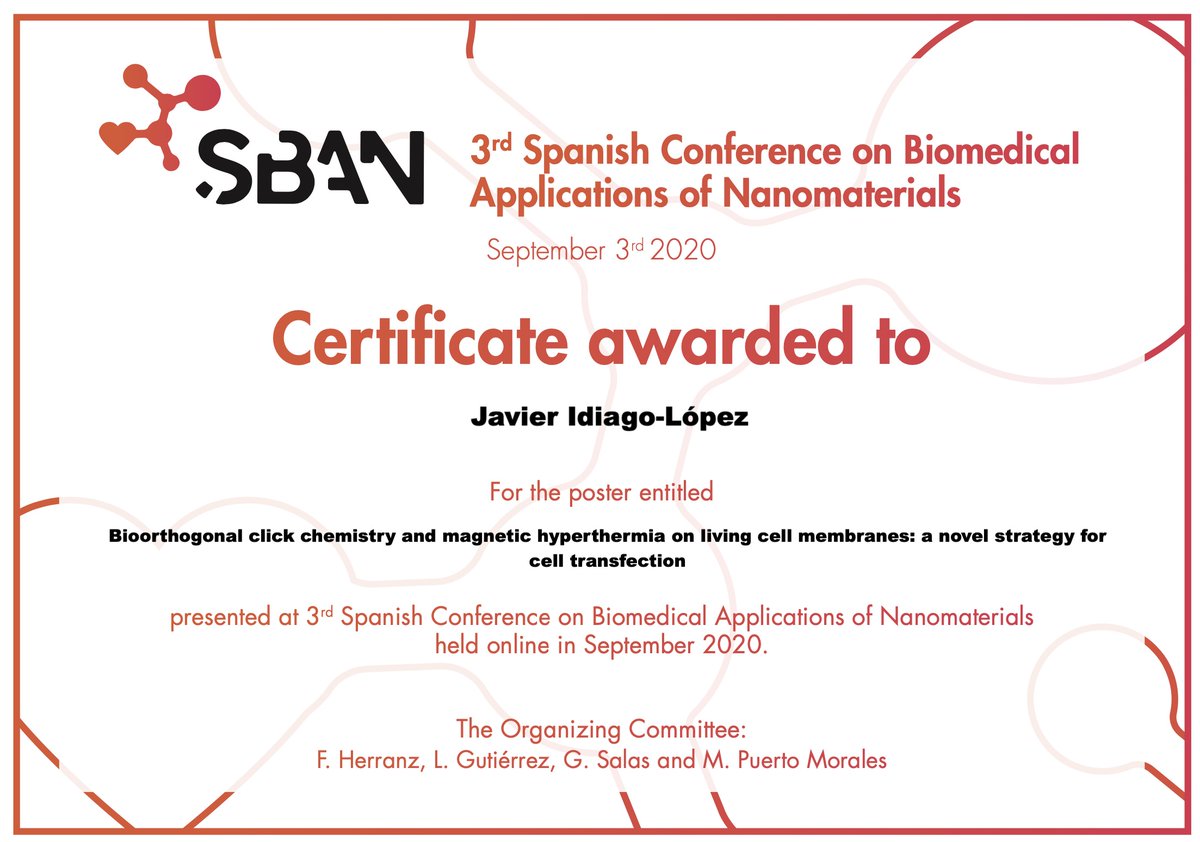 SBAN (@sban_conference) on Twitter photo Among amazing contributions and great science the best poster in #SBAN20 is:
"Bioorthogonal click chemistry and magnetic hyperthermia on living cell membranes: a novel strategy for cell transfection" by <a href="/JavierIdiagoLo/">Javier Idiago-López</a> <a href="/jesusma20810198/">Jesus M De La Fuente</a> <a href="/DrRalucaFratila/">Raluca</a> and coll.
Congrats ‼️ Among amazing contributions and great science the best poster in #SBAN20 is:
"Bioorthogonal click chemistry and magnetic hyperthermia on living cell membranes: a novel strategy for cell transfection" by <a href="/JavierIdiagoLo/">Javier Idiago-López</a> <a href="/jesusma20810198/">Jesus M De La Fuente</a> <a href="/DrRalucaFratila/">Raluca</a> and coll.
Congrats ‼️