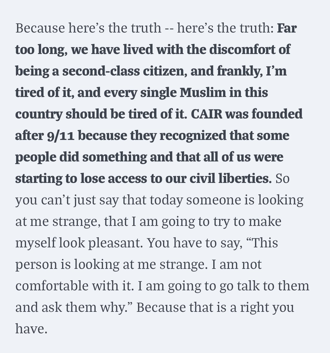 She talked about how the actions of others, of people who she and other Muslims had nothing to do with, were used to attack the civil rights of people like her.An excerpt.