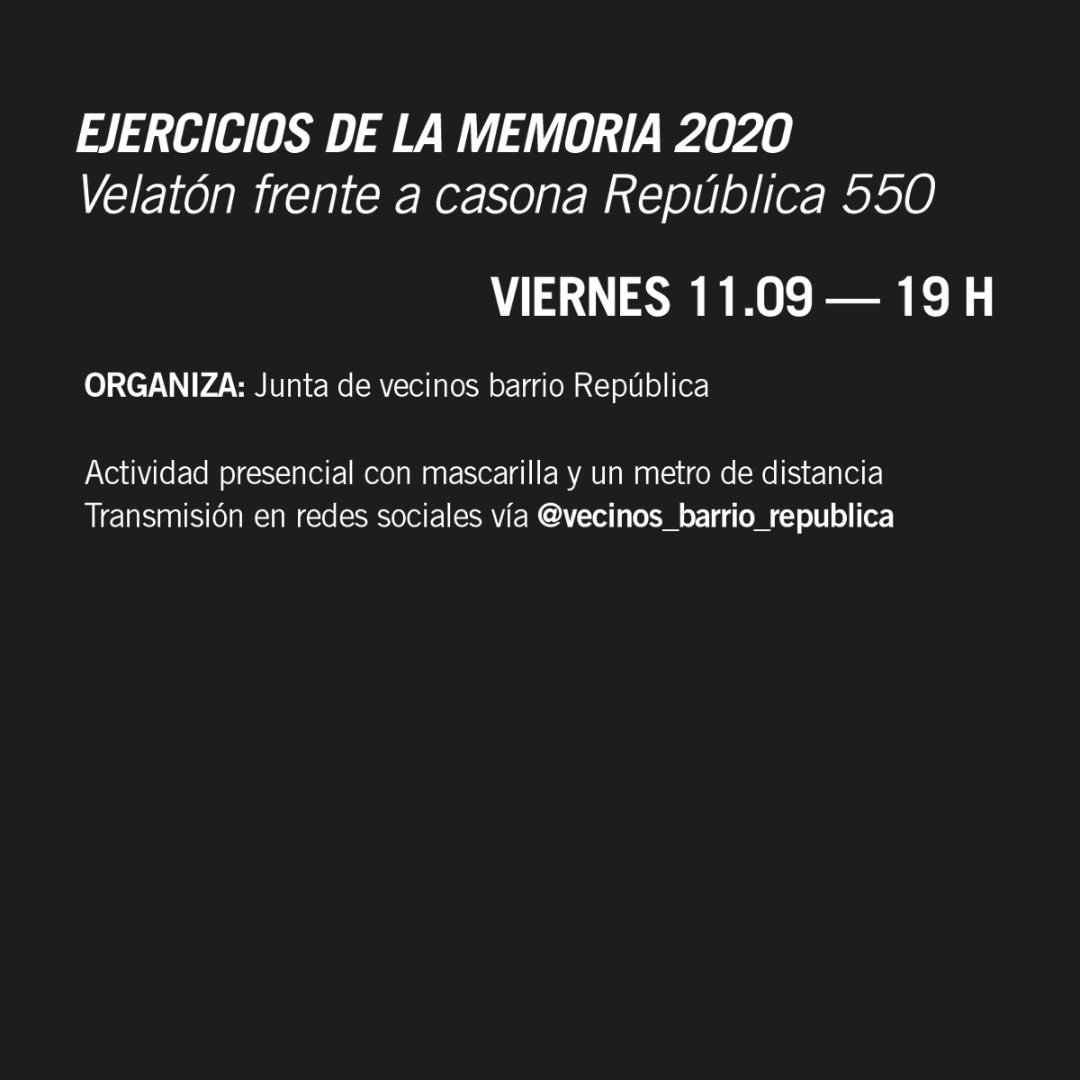 mssachile's tweet photo. 19h nos encontramos en la velatón por la memoria frente a la casona de República 550, ex residencia estudiantil de la @uchile que fue transformada en centro de torturas en dictadura. Junto a la @jjvvRepublica Detalles aquí: 
https://t.co/NXv6AgKVqO @Republicaapc @apoyalosbarrios https://t.co/4YfEP0E4XC